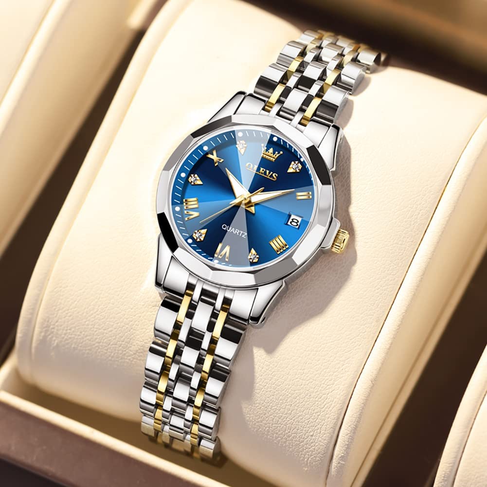 OLEVS Womens Watch Fashion Dress Diamond Female Watches for Ladies Analog Quartz Stainless Steel Waterproof Luminous Day Date Two Tone Wristwatch - Image 5